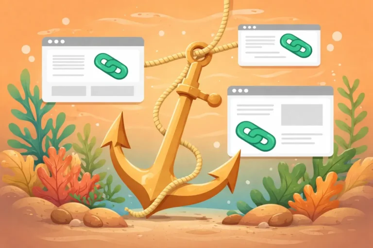 anchor text seo illustration showing anchor linking web pages with internal and external backlinks concept on orange background