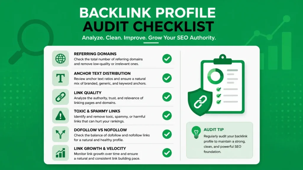 backlink profile audit checklist showing key SEO factors like referring domains, anchors, and toxic links