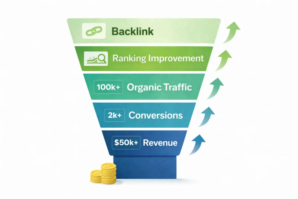 Backlink ROI and Financial Modeling Backlink investment funnel showing ranking growth leading to traffic and revenue increase.