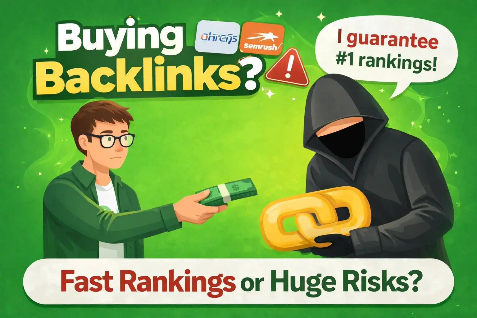 Buying Backlinks: Costs, Risks, and What Works 1 Buying backlinks concept illustration showing a cautious website owner handing cash to a shadowed figure holding a large chain link icon on a green background with warning symbol and bold headline about rankings and risks.