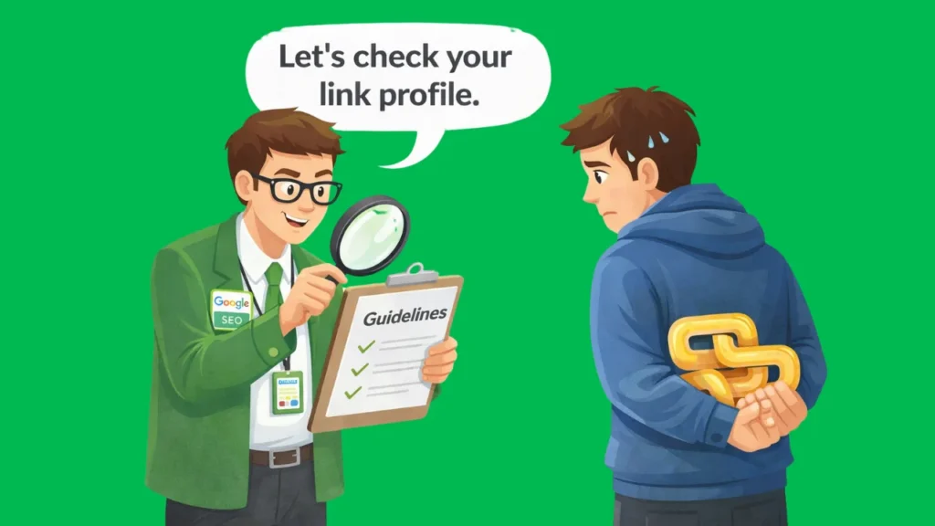 Buying Backlinks: Costs, Risks, and What Works 2 Cartoon Google-style inspector reviewing a website backlink profile for guideline compliance.