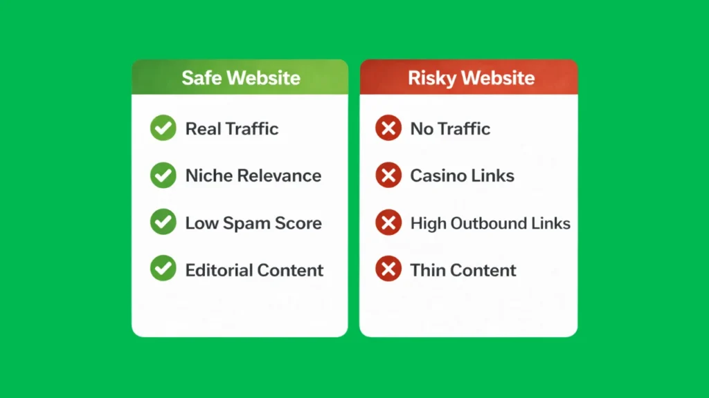 Buying Backlinks: Costs, Risks, and What Works 3 Checklist comparing high quality website vs spam website before buying backlinks.