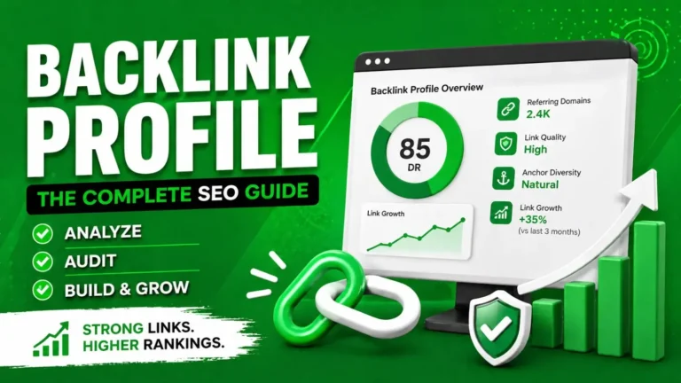 backlink profile SEO guide featured image showing link analysis dashboard, anchor diversity, referring domains growth, and high-quality backlinks concept on green background