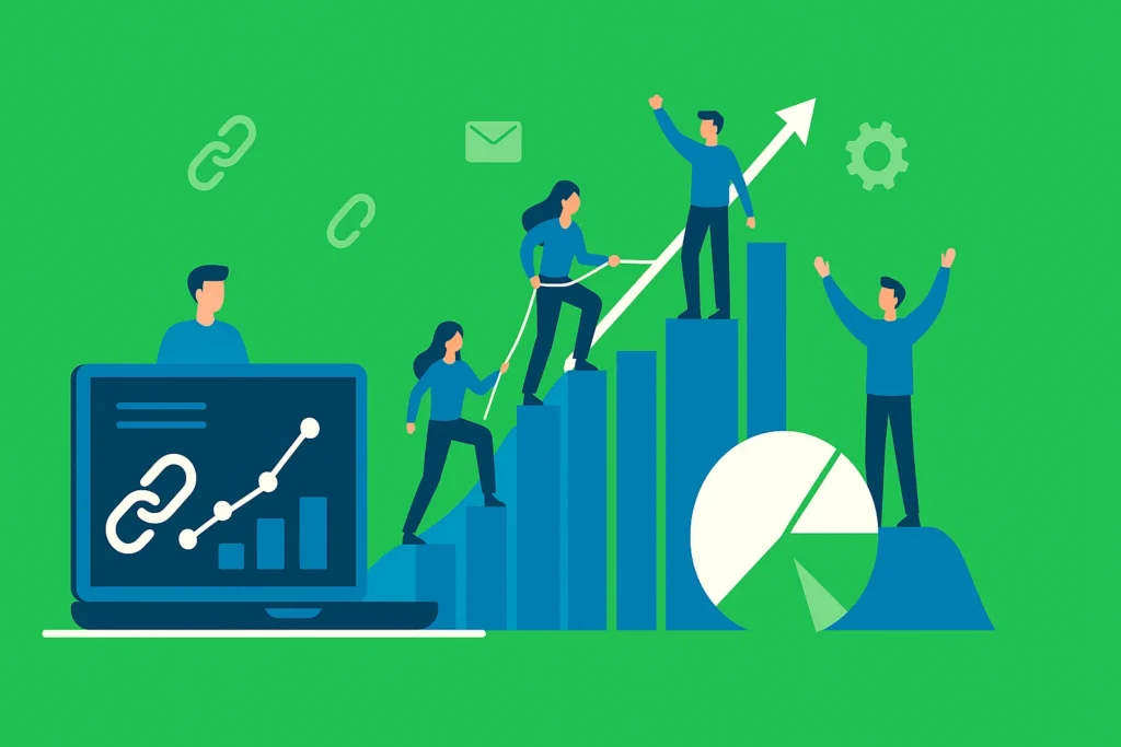 Illustrated icons showing benefits of white label link building for SEO agencies including trust and scalability.