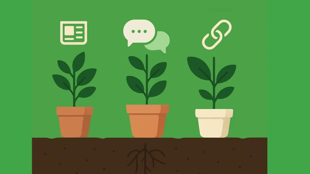 Illustration of healthy plants growing from solid soil as a metaphor for building natural, long term backlinks instead of private blog networks