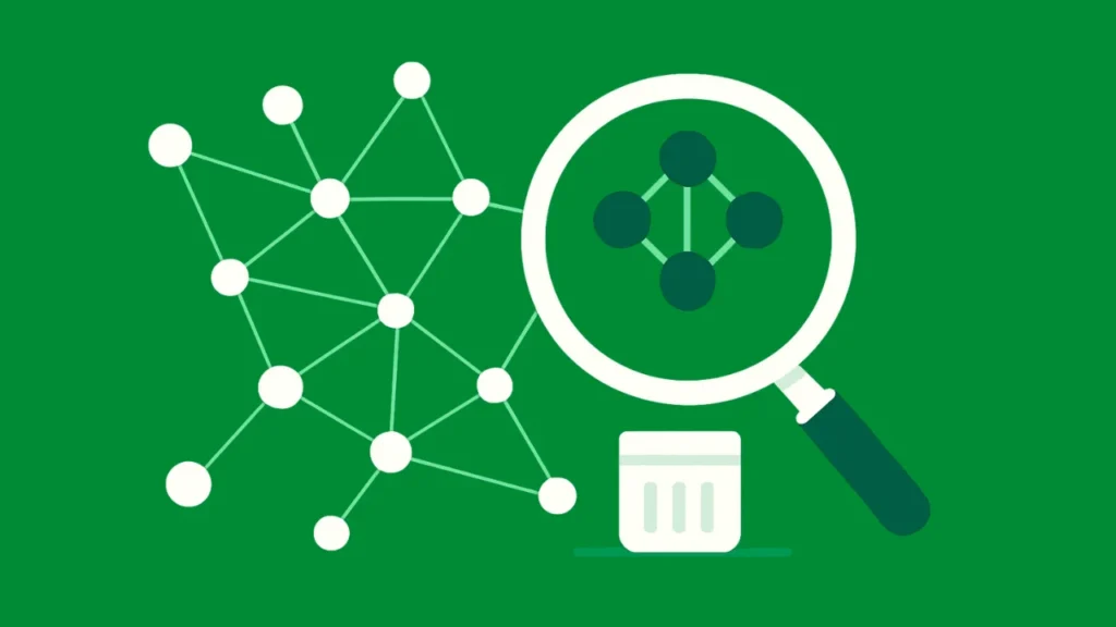 Magnifying glass inspecting a network graph to highlight suspicious link patterns typical of private blog networks