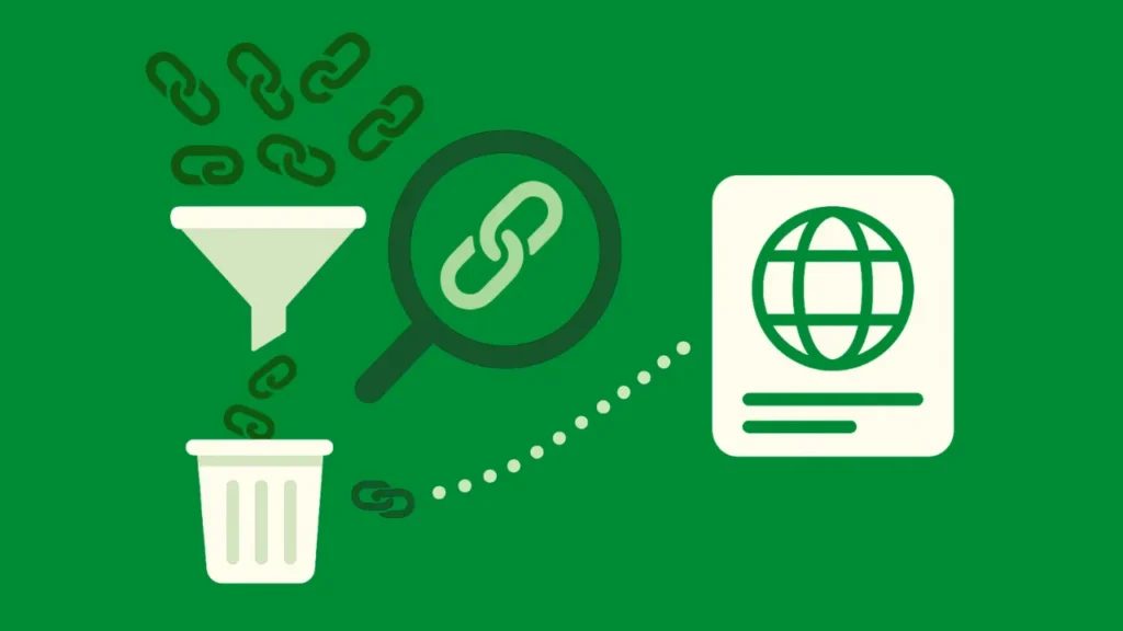 “Graphic of toxic backlinks being filtered out while clean links continue to a website during a link profile cleanup