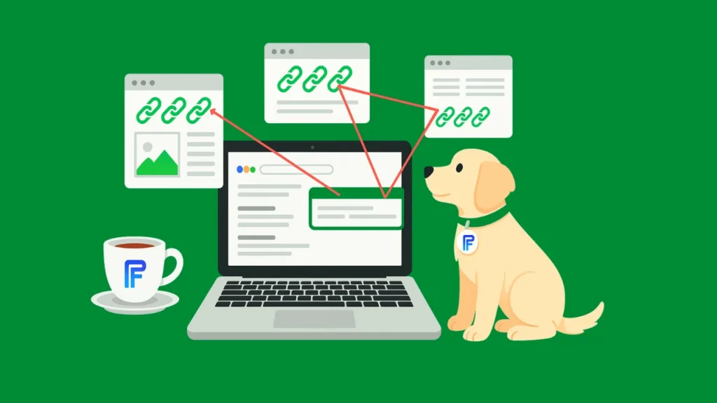 What are PBN Backlinks 2025: Risks, Detection and Safer Links 5 Illustration of a laptop showing search results with multiple backlink windows connected by arrows, a dog wearing a Pathfinderz logo collar, and a branded coffee cup, representing PBN backlinks pointing to a website