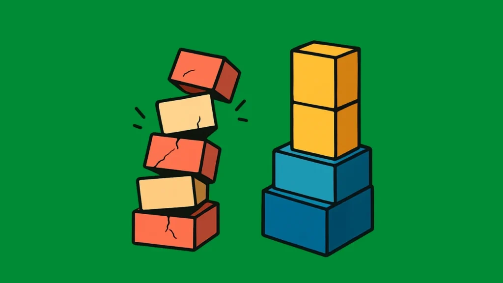 Visual metaphor showing a fragile stack of weak backlinks collapsing next to a stable structure built on a few strong links