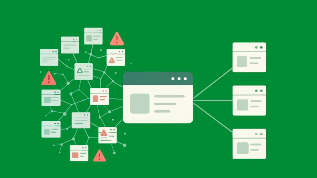 Comparison of a risky private blog network linking to a site versus a few strong, clean websites sending natural backlinks