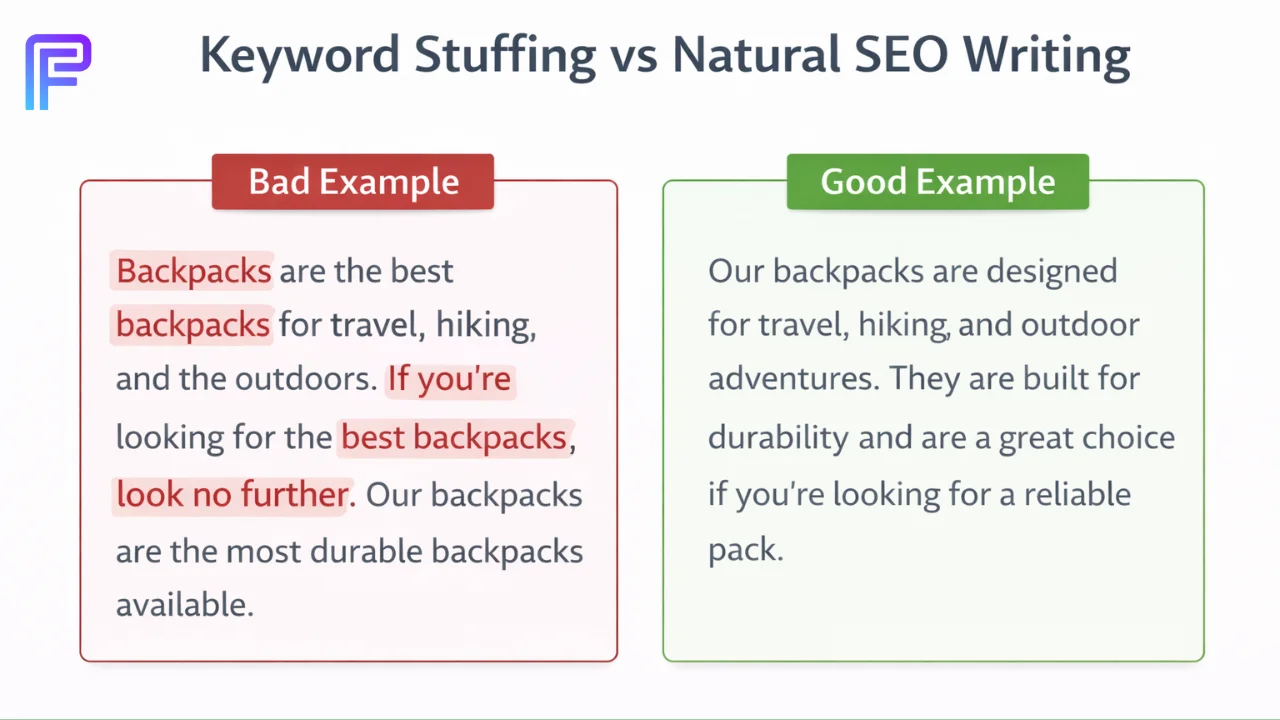 Organic SEO Explained, How Search Traffic Grows Without Ads 4 Example showing keyword stuffing versus natural SEO writing
