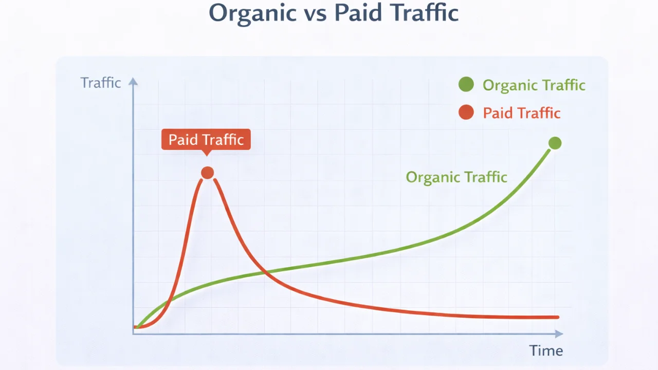 Organic traffic versus paid traffic over time Organic traffic growth compared with paid traffic spikes over time