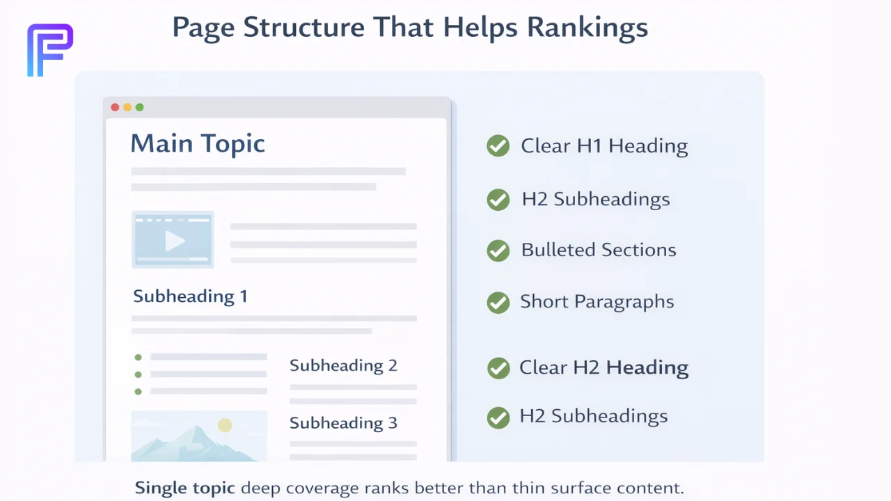 Page structure that helps organic search rankings Well structured page layout showing clear headings short paragraphs and bullet sections