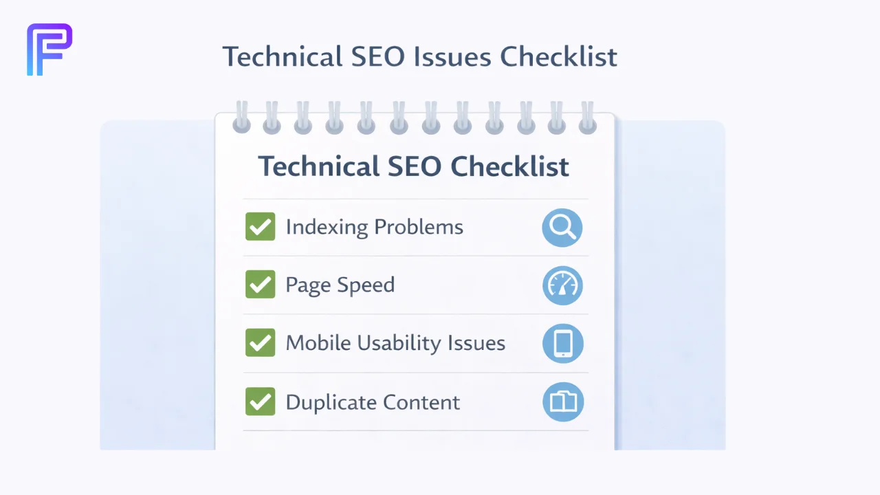 Technical SEO issues that block organic search visibility Technical SEO issues checklist showing indexing page speed mobile usability and duplicate content
