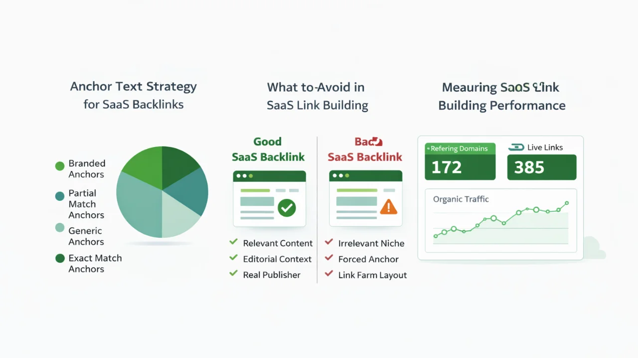 Anchor text distribution example for SaaS backlinks showing branded, partial match, generic, and exact match anchors.