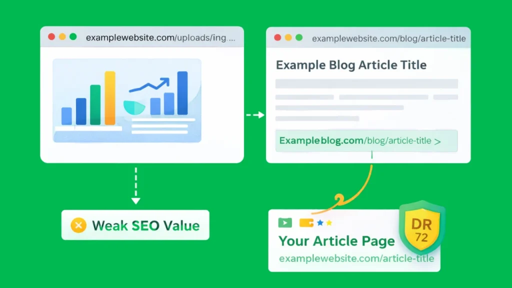 Comparison between image file URL link and article page backlink for SEO authority