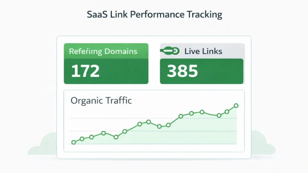 SaaS link building performance dashboard displaying referring domains, live links, and organic traffic growth trends.