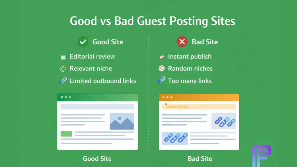 Good vs bad guest posting sites comparison showing editorial review, relevance, and link quality
