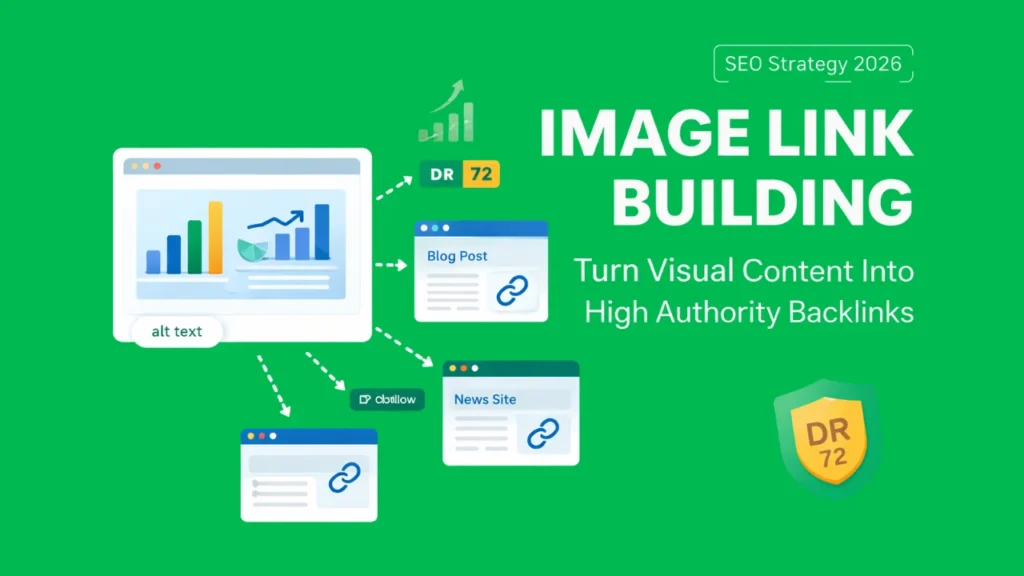 Image link building Image link building infographic sending backlinks to blog and news sites with dofollow and DR badge icons.