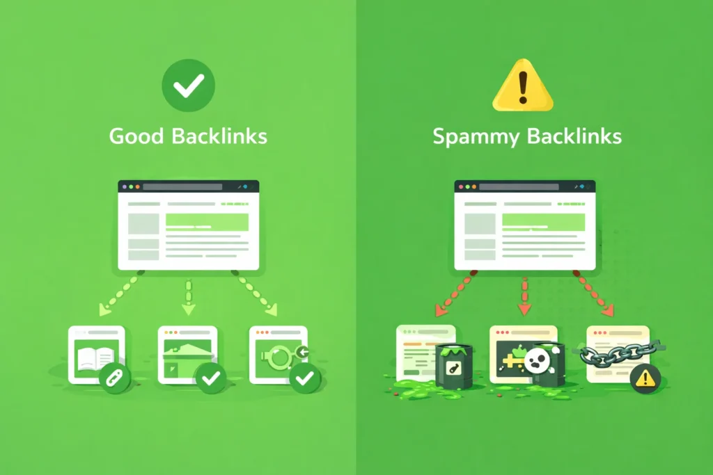 Spammy Links Guide, Find and Fix Toxic Backlinks 2026 3 comparison of spammy links vs natural backlinks showing quality and harmful link differences