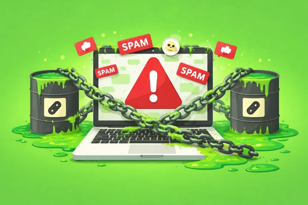 spammy backlinks concept showing website trapped by toxic links and warning signals
