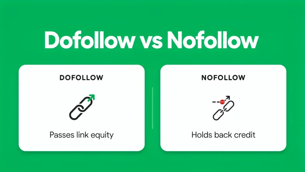 Dofollow vs nofollow link comparison showing how each passes or blocks link equity