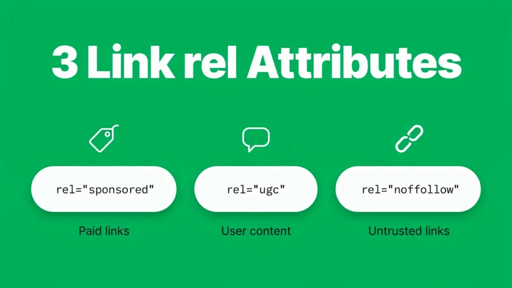 Three link rel attributes sponsored, ugc, and nofollow, with their uses